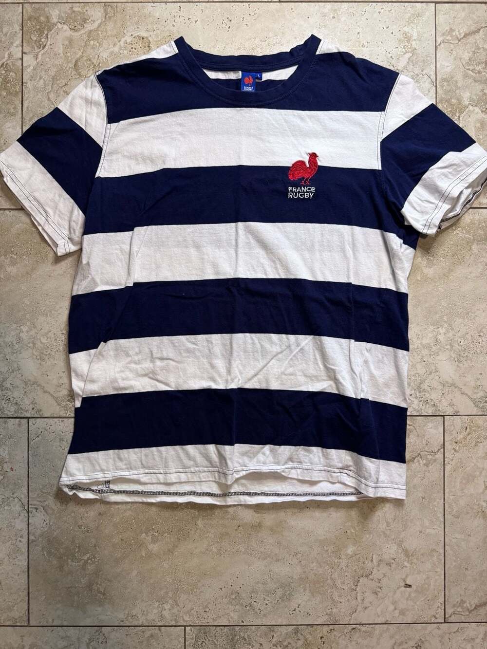 France Rugby Striped Short Sleeve T-Shirt Navy White Men's Size L
